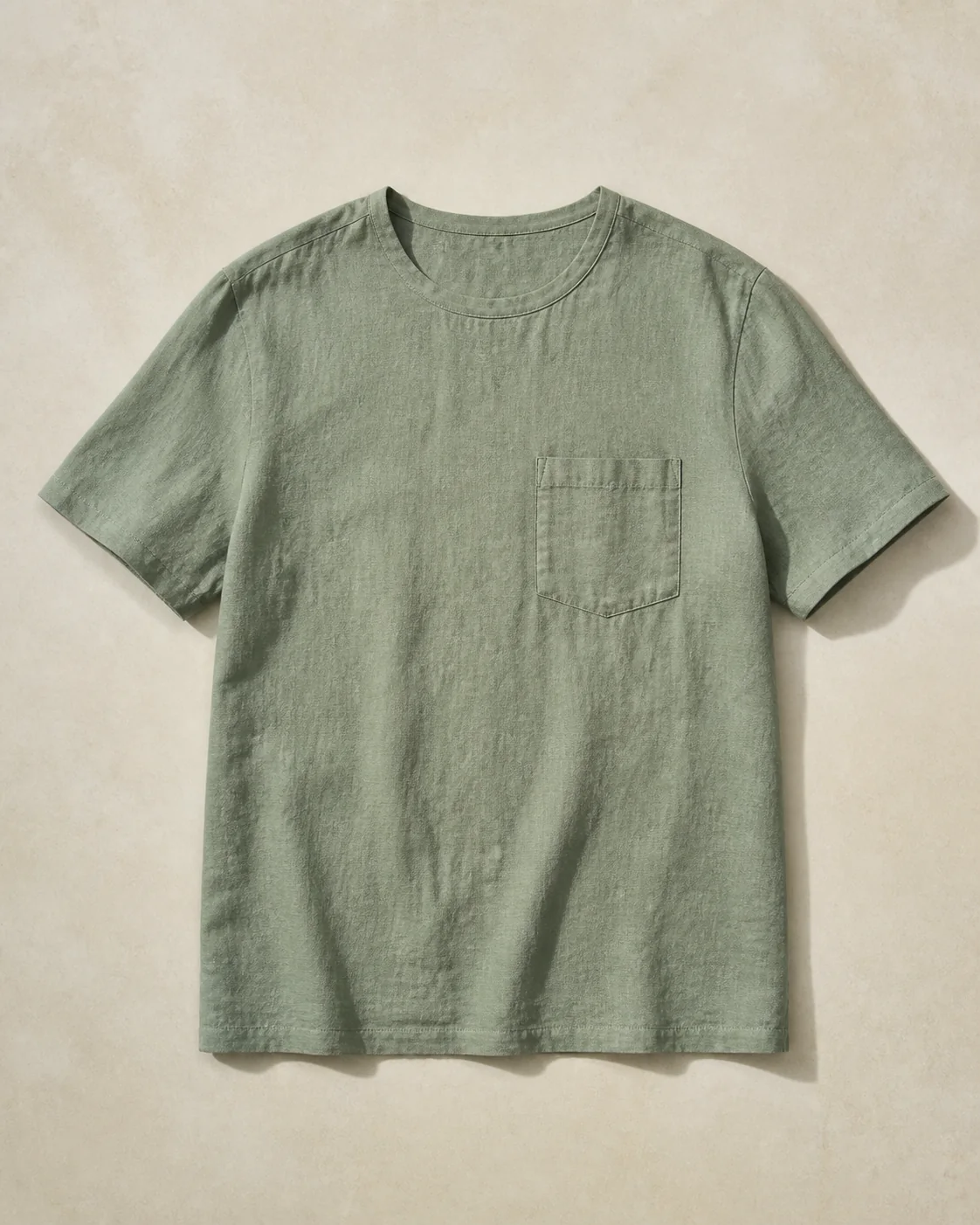 Camiseta de lino con bolsillo en verde salvia, visualización editorial de referencia